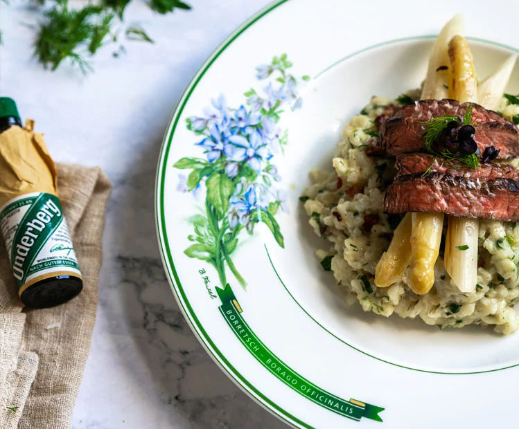HERB-BACON RISOTTO WITH WHITE ASPARAGUS AND BEEF STRIPS