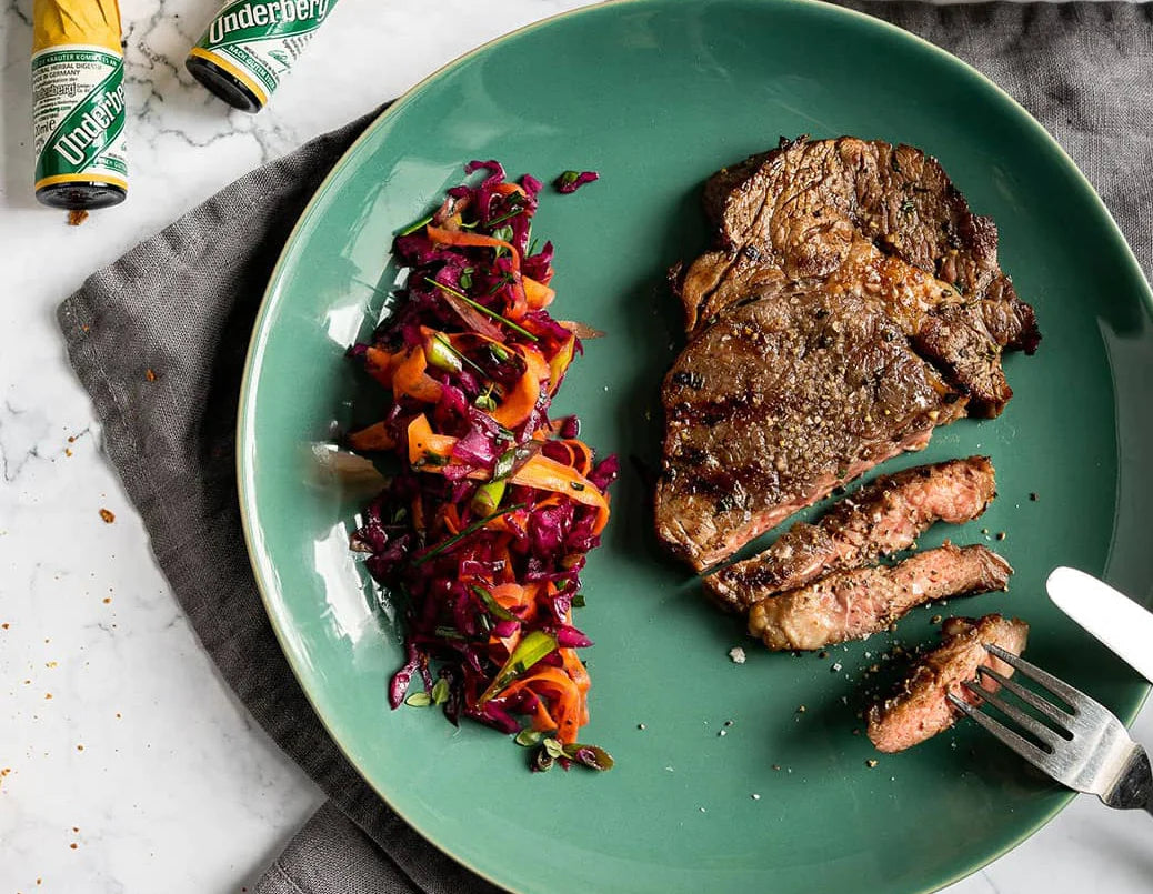 STEAK WITH UNDERBERG MARINADE AND COLESLAW