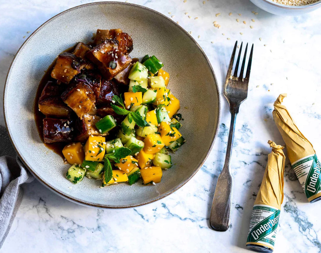 TENDER UNDERBERG PORK BELLY WITH MANGO-CUCUMBER SALAD