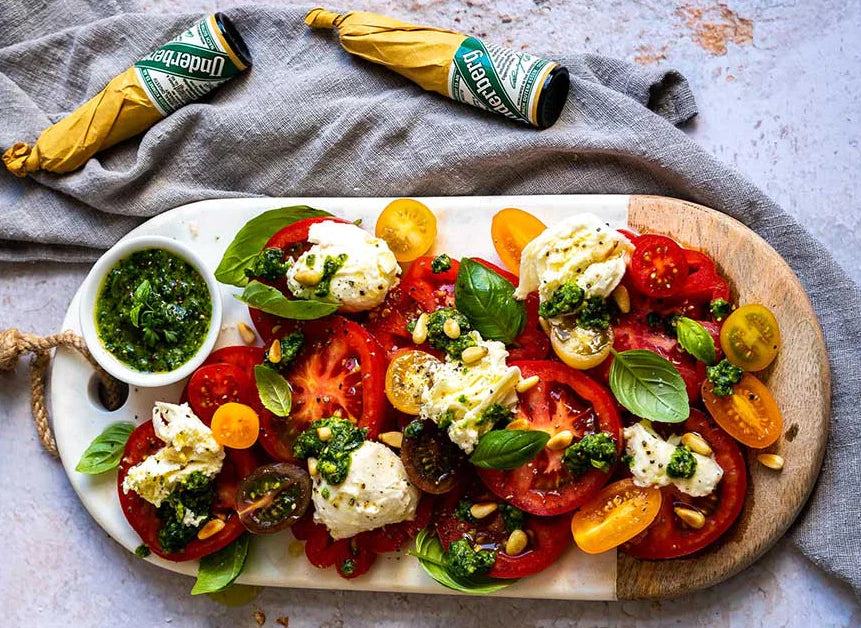 CAPRESE: TOMATO AND MOZZARELLA WITH HERB PESTO