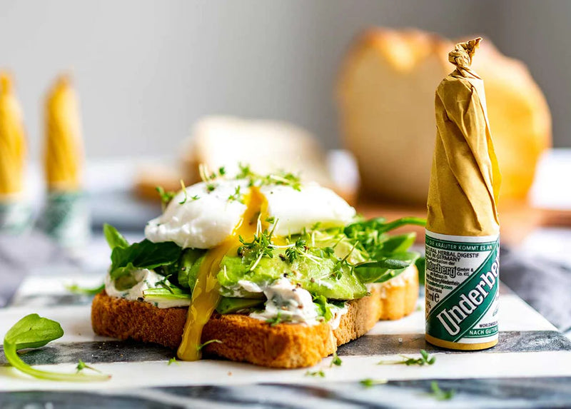 AVOCADO-UNDERBERG TOAST WITH POACHED EGG
