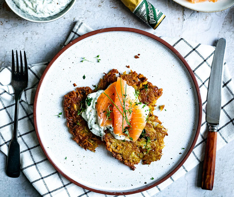 POTATO FRITTERS WITH UNDERBERG HERB CURD AND SALMON