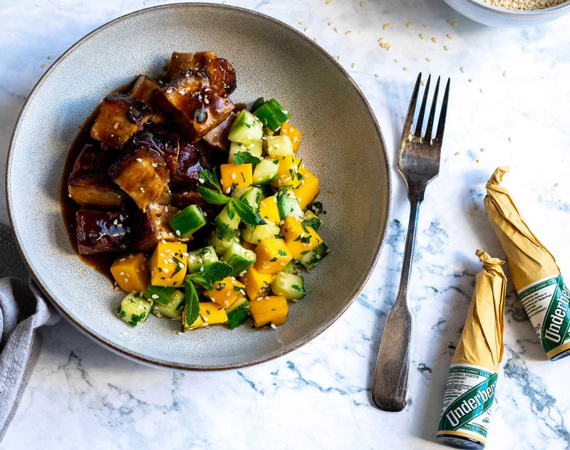 TENDER UNDERBERG PORK BELLY WITH MANGO-CUCUMBER SALAD